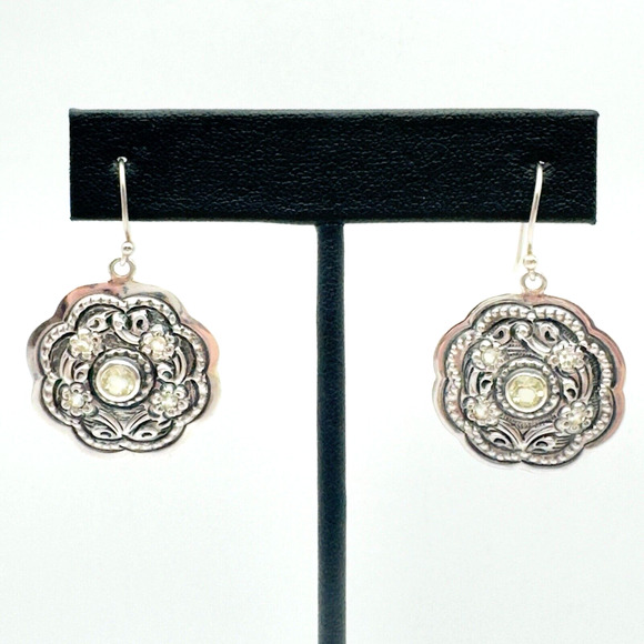 Artisan Jewelry - Sterling Silver 925 Peridot Flower Dangle Earrings Artisan August Oxidized 6g